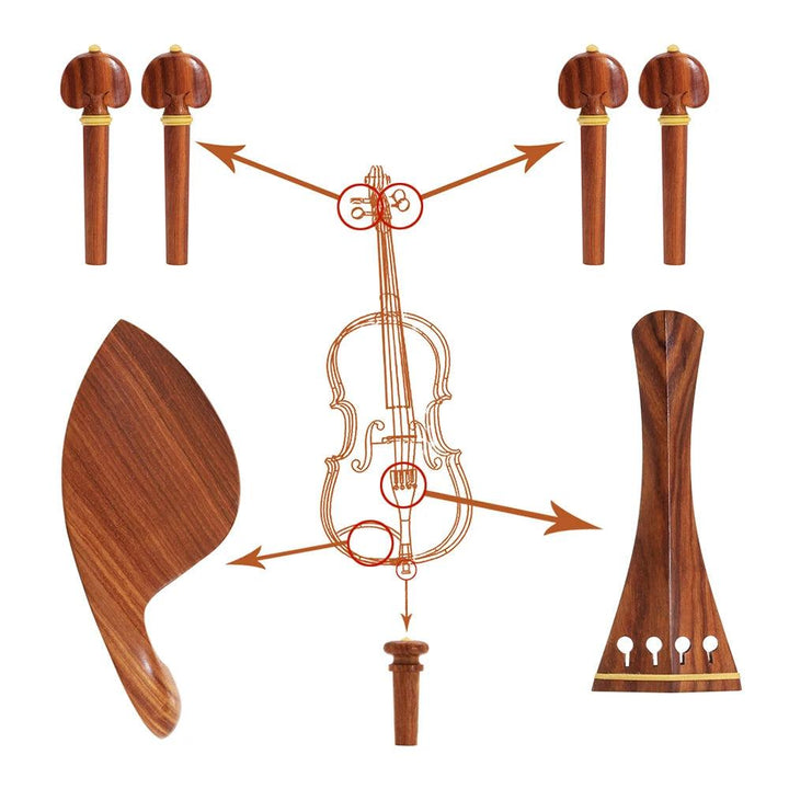 Diagram of violin components on a white background, showcasing the Violin Set Chinrest and Tailpiece with a rosewood finish. Highlights include the chin rest, tuning pegs, tailpiece, and an outline of the violin body with arrows indicating parts. Designed for 3/4 and 4/4 size violins.