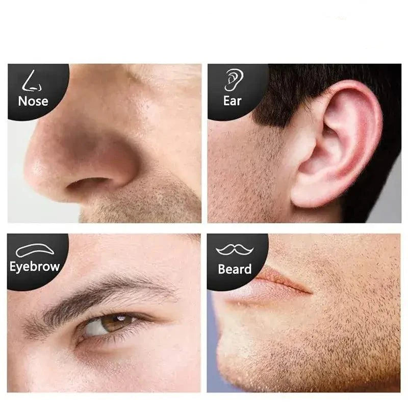 A close-up collage presents four parts of a man's face: nose, ear, eyebrow, and beard. Each section is labeled accordingly to highlight natural textures and details. This is an ideal visual for anyone utilizing the Trimmer for Nose Hair, the Trimmer for Eyebrow, the Trimmer for Ear Hair, or the Trimmer for Mustache with stainless steel blades.