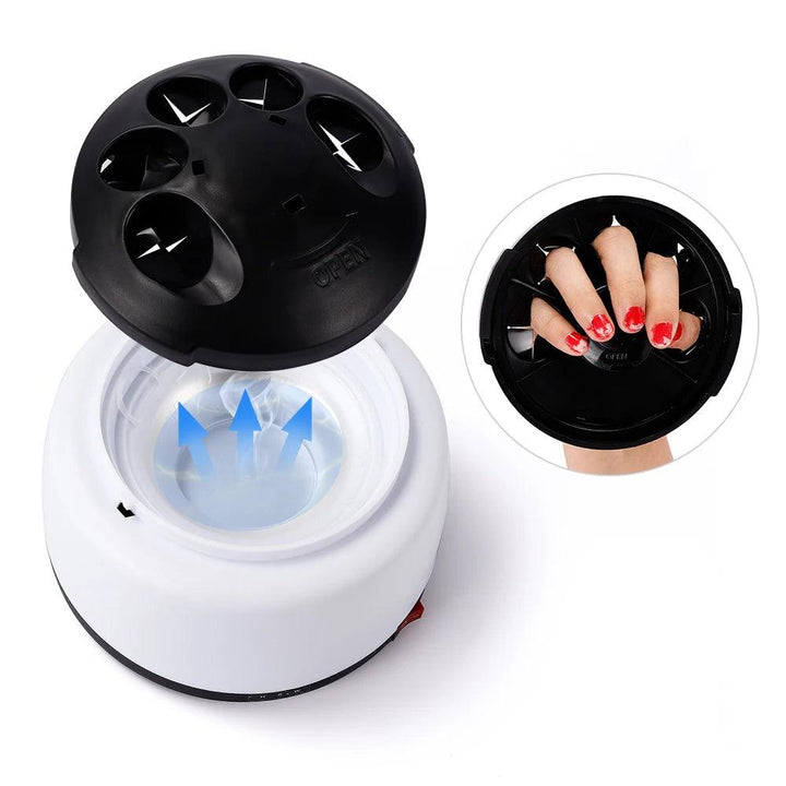 The "Professional Nail Care Kit" includes the Steam Polish Nail Gel Remover, a state-of-the-art portable electric nail steamer. This device showcases a sleek design with a white base and black lid complete with finger holes. The inset displays fingers with red gel polish being easily placed into the machine for seamless removal.