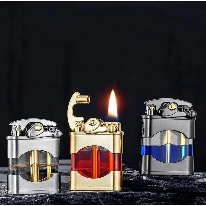 The **Kerosene Lighter Vintage Lighter Retro Lighter** collection features three collectible designs: a silver lighter with a transparent chamber, a lit gold kerosene lighter with a red chamber, and a gray model with a blue chamber. The retro metal aesthetics are beautifully highlighted against the dark surface and black background.