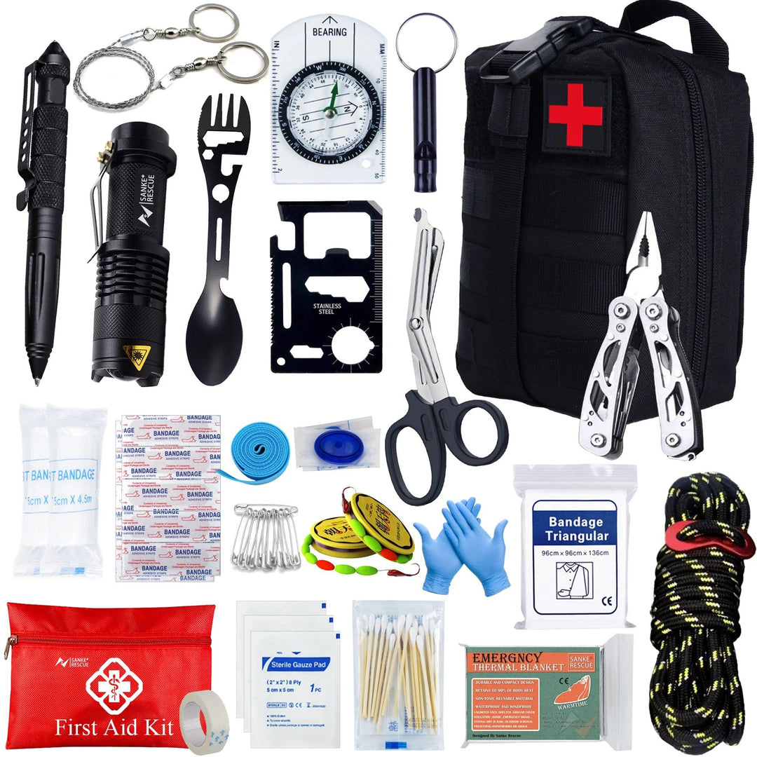 Picture of the "Survival First Aid Kit" showcasing military-grade outdoor gear, such as a flashlight, pen, cutlery tool, compass, multitool, and first aid supplies. The set also includes a black pouch, red emergency trauma bag with bandages, whistle, gloves for emergencies, and an emergency blanket to enhance preparedness.