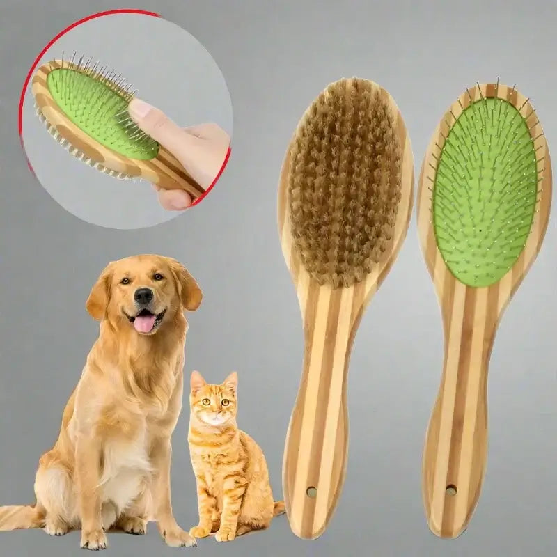 Featured in the image is a double-sided Bamboo Dog Brush with a wooden handle, designed for eco-friendly pet grooming. One side of the brush is equipped with green rubber spikes, while the opposite side features brown bristles. Nearby are a golden retriever and an orange tabby cat, and an inset image offers a close-up view of the detailed brush spikes, ideal for grooming pets.