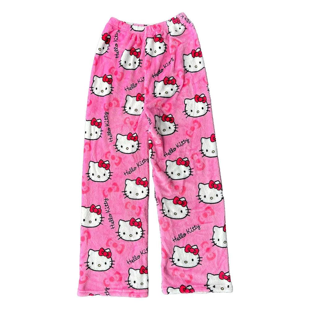 These pink flannel pajama pants, adorned with a charming Hello Kitty pattern, are ideal for a cozy night in or to add playfulness to your cosplay collection. Enjoy quality craftsmanship with the Pajamas Flannel Sleepwear Women Cartoon Loungewear.