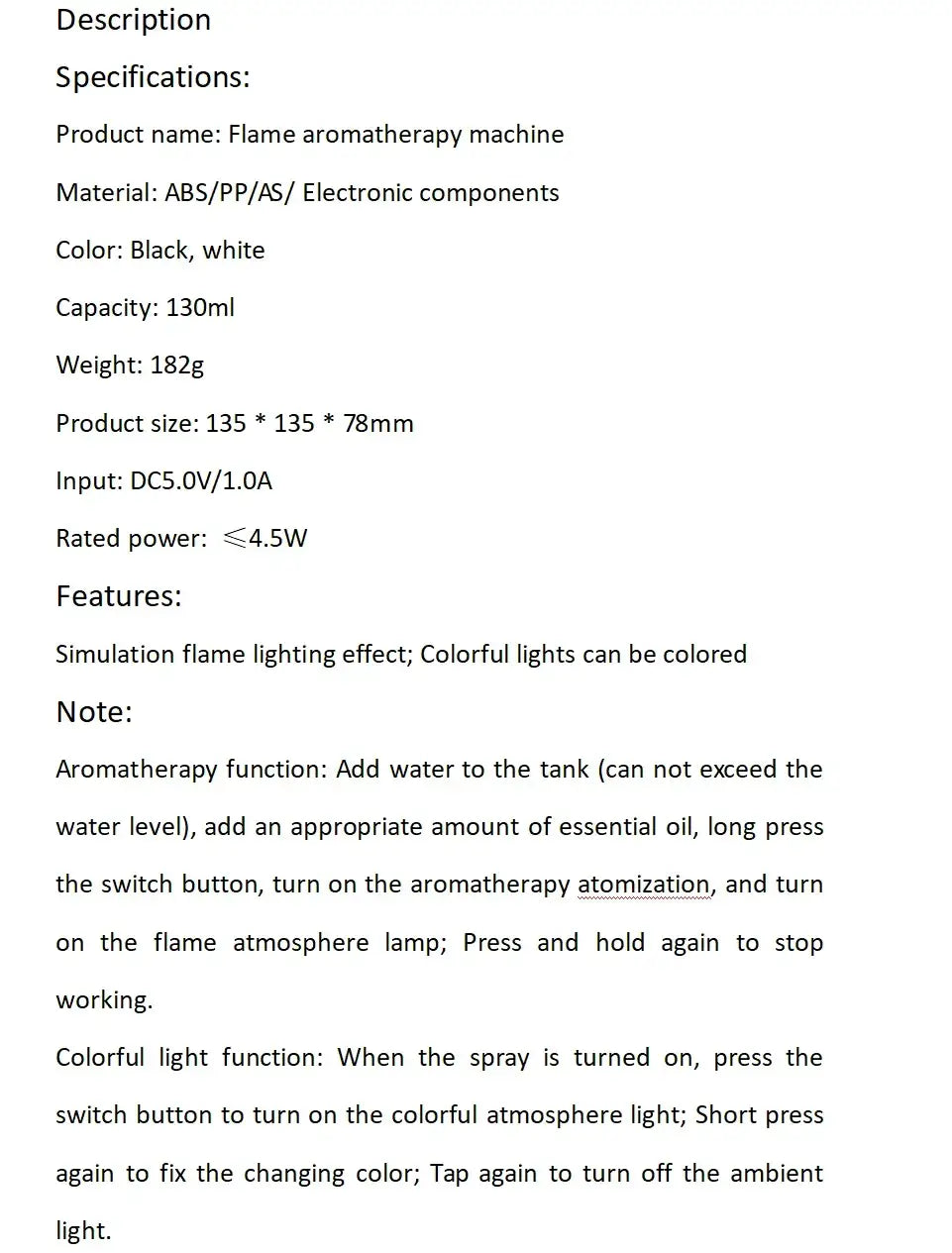 Specifications and features of black and white flame aromatherapy machine with colorful light functions and simulation flame lighting effect.