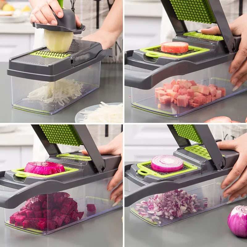14/16 - in-1 Vegetable Slicer Cutter with Basket - Green/Black