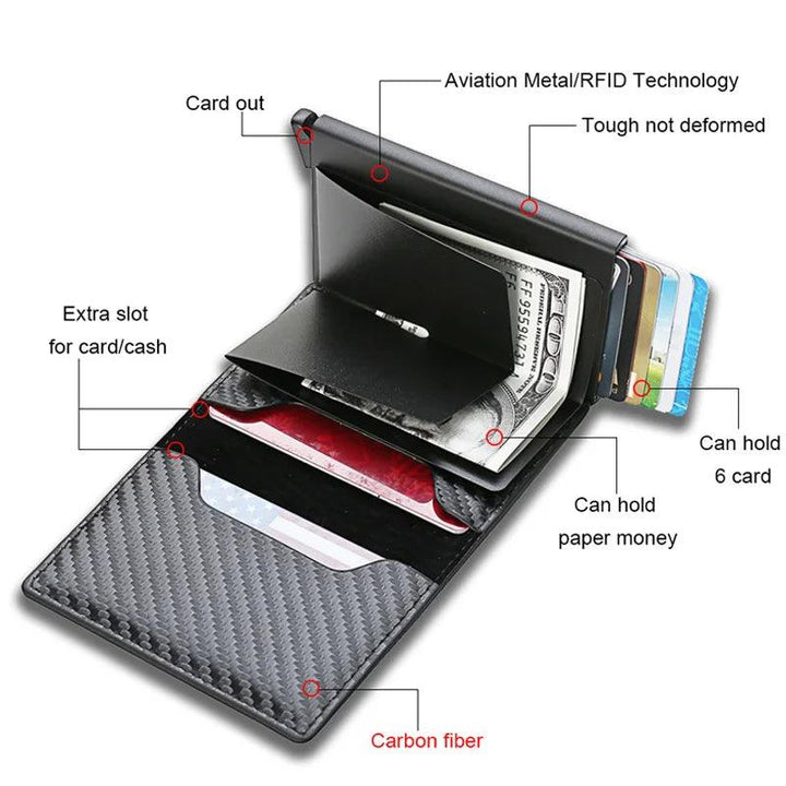 Introducing the "RFID Slim Card Case," a stylish carbon fiber aluminum wallet designed with an automatic pop-up card holder, ensuring your money and credit cards remain secure and easily accessible.