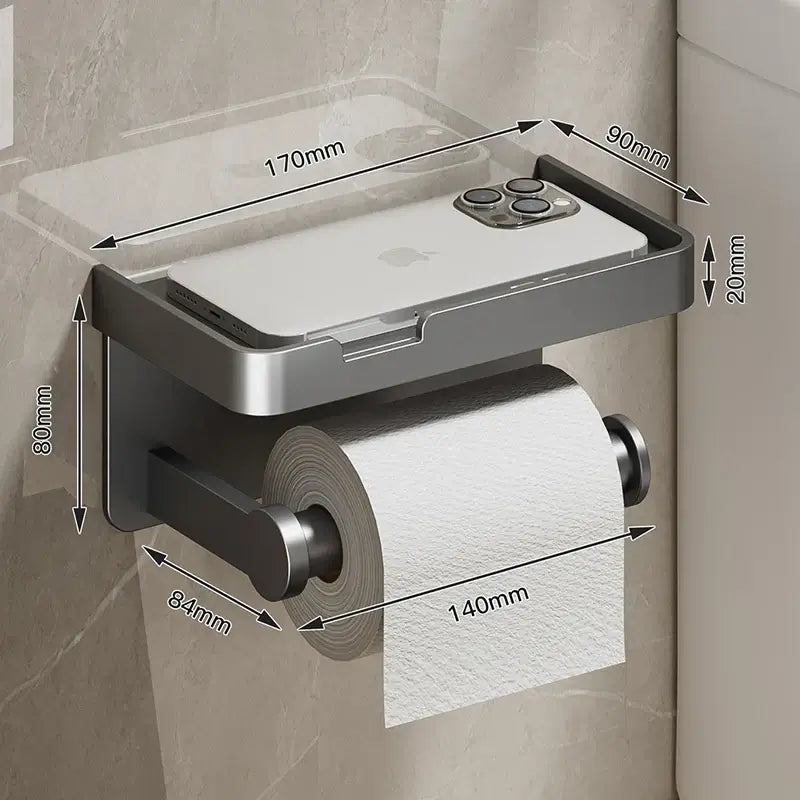 Aluminum alloy wall-mounted toilet paper holder with phone shelf, dimensions displayed, perfect for bathrooms and WC spaces.