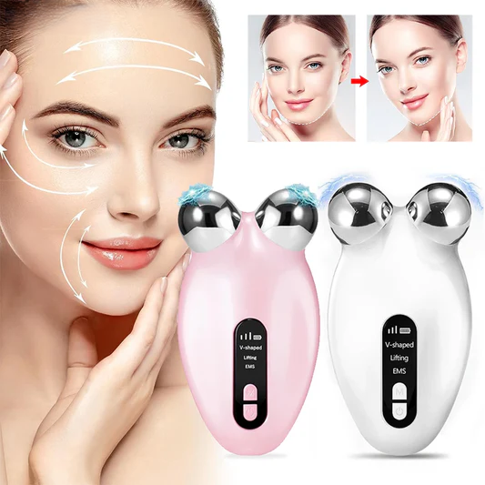 A woman gently touches her face as arrows illustrate the lifting effects of the Facial Massager Microcurrent Roller Skin Tightening Device. Below are two devices, one in pink and another in white, both featuring digital displays. The microcurrent roller is shown enhancing her features through before-and-after images, highlighting its remarkable results.