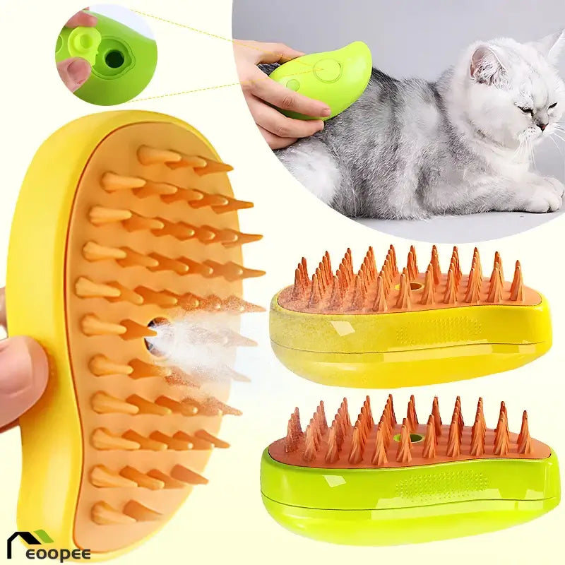 A close-up showcases the green and yellow Electric Steam Brush for Dogs Cat Hair, featuring orange bristles. An illustration highlights its use on a grey and white cat, demonstrating how this pet grooming tool dispenses liquid for cleaning or grooming.