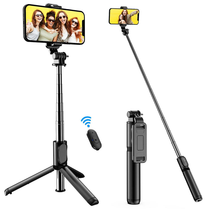 A Selfie Stick Tripod, made of stainless steel, holds a smartphone capturing a group selfie of four smiling individuals. The tripod is shown extended and retracted, featuring a detachable wireless remote for convenient photo-taking.