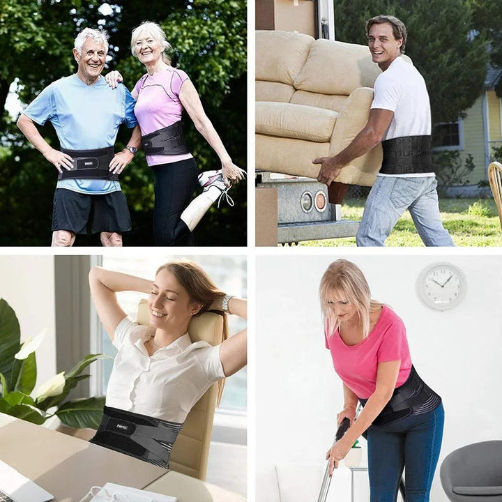 Four images showcasing individuals using the "Lower Back Support Belt with Adjustable Compression Pain Relief and Stability": a senior couple basking in the outdoors, a man effortlessly lifting a couch, a woman comfortably seated at her desk, and another woman vacuuming—everyone experiencing the benefits of 360° support and adjustable compression.