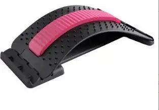 Introducing the Back Massager, a black back stretcher enhanced with an arched design and a pink foam pad in the center. It features small nodes for added comfort and is adjustable to support and stretch the spine effectively. This versatile tool aids in improving posture, relieving back pain, and providing robust waist support. Additionally, it's perfect for yoga exercises and offers neck support as well.