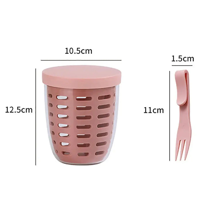 Introducing the "Fruit Cup with Fork Portable Picnic Bottle Large Capacity Storage Plastic Cup Sealed Leak Proof": an eco-friendly storage solution featuring a pink lid and matching pink fork, ideal for keeping your salad fresh.