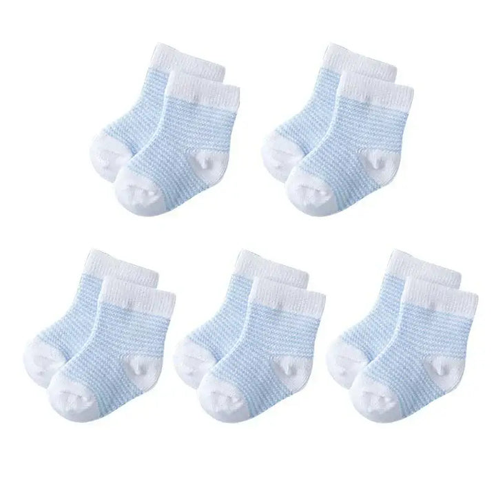 Six pairs of baby blue striped socks for newborns, perfect for spring and summer, made of soft cotton.