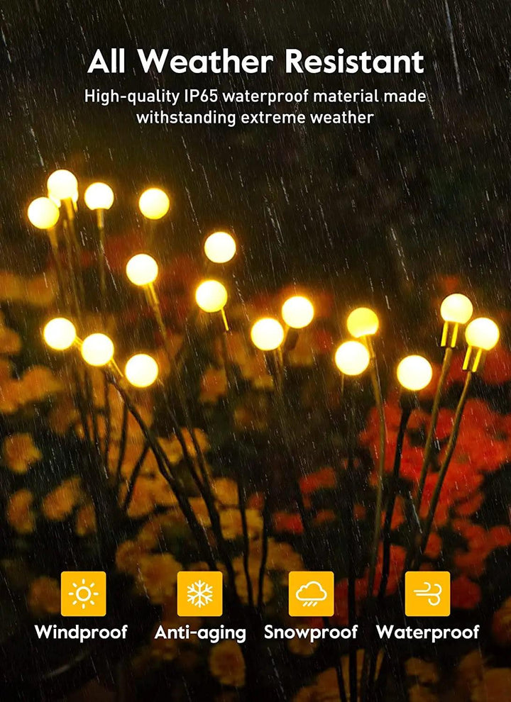 Solar garden lights with warm white solar illumination shine beautifully against a rainy and blurred backdrop. The text emphasizes the LED bulbs' IP65 waterproof rating, along with their resistance to wind, snow, and aging. Icons at the bottom represent the lights' windproof, anti-aging, snowproof, and waterproof qualities for enhancing your outdoor space.