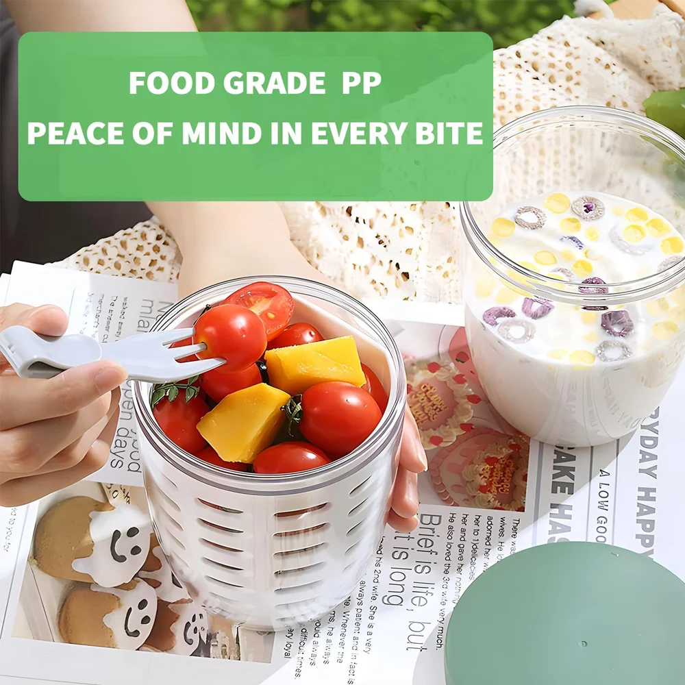 Portable Fruit Cups with Lids and Fork, Veggie Snack Pot with Airtight Lid for Cereal, Milk, Vegetable and Fruit Salad Storage