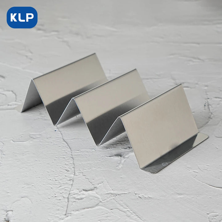 KLP 4pcs stainless steel taco holders in V-shaped design, ideal for holding tacos and hot dogs securely.