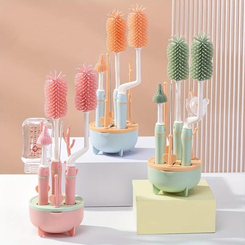 Portable Baby Bottle Cleaner Set Silicone Bottle Brushes Drying Rack and Brushes