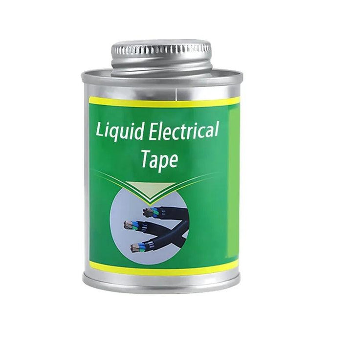 A metal can with a green label prominently displaying "Waterproof Liquid Electrical Tape" and featuring an image of electrical wires partially coated with a black insulating rubber coating. This coating serves to seal and protect the wires. The can comes with a screw-on lid.