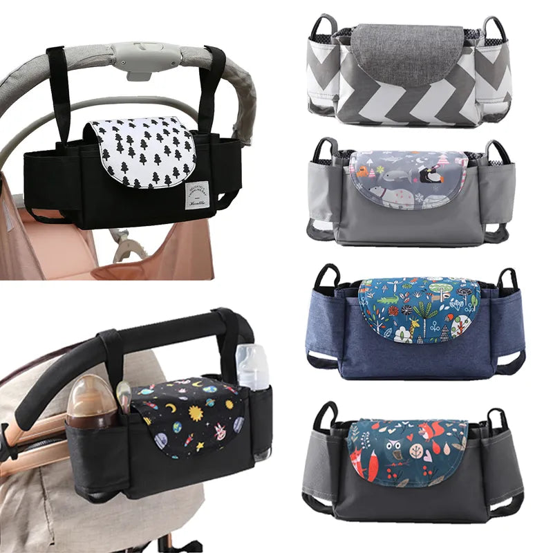 Displayed are various stroller bag organizers, cup holder covers for strollers, and portable travel storage for carriages. These come in diverse colors and patterns: a sleek black adorned with trees, an elegant gray featuring a chevron design, and a deep blue with beautiful floral motifs. Crafted from durable nylon fabric, they easily attach to stroller handles and offer ample storage space for bottles along with convenient pocket compartments.