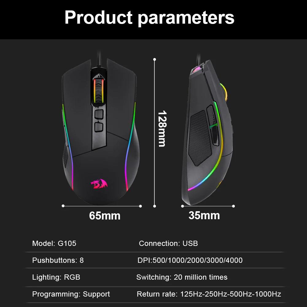 Gaming Mouse Lonewolf G105 RGB USB Wired Mouse 8000 DPI Programmable