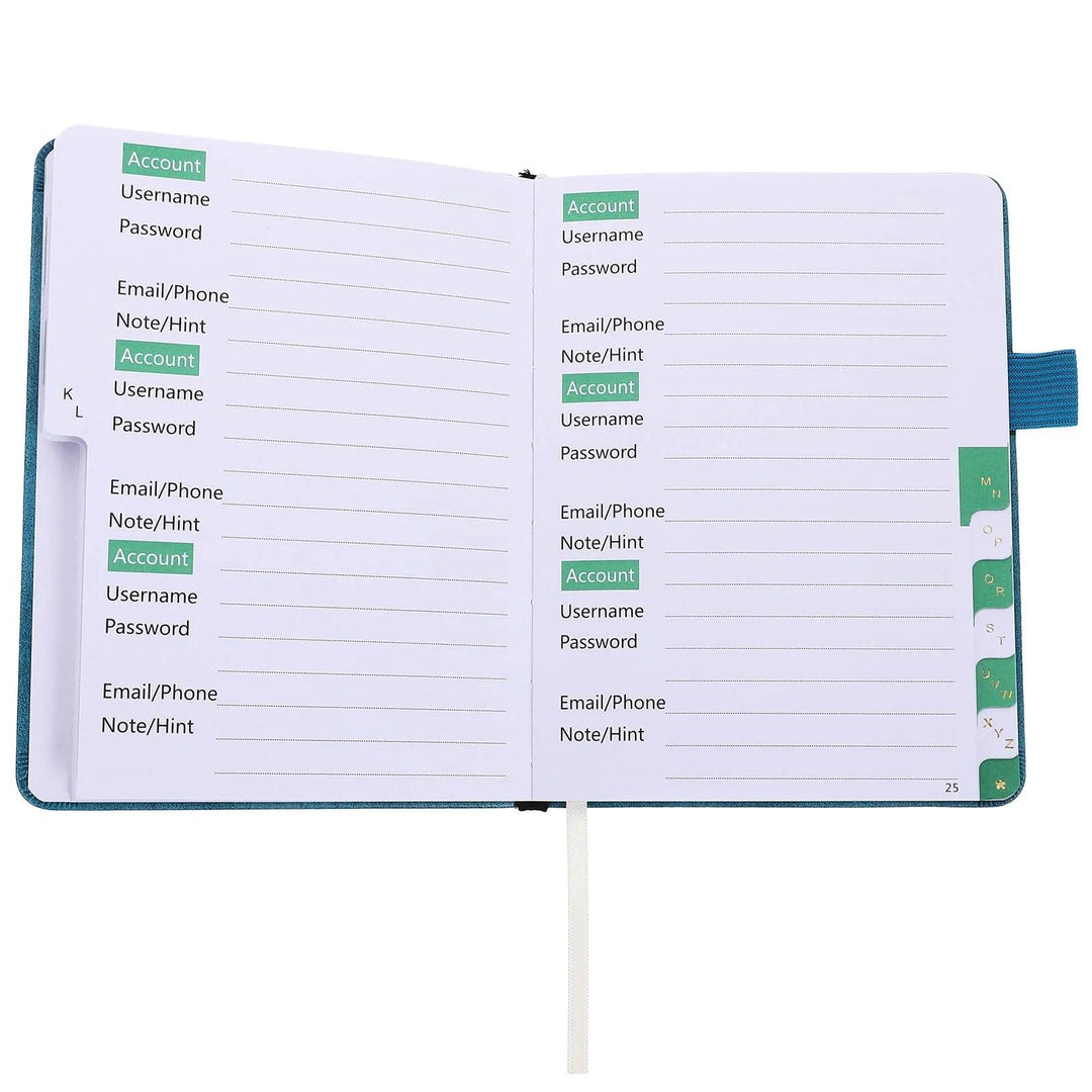 The Portable Password Book is a compact notebook designed for securing account information, similar to a mini address book. Each page includes sections for "Account," "Username," "Password," and additional details. Its green and white tabs provide organization akin to the pocket phone books from yesteryear.