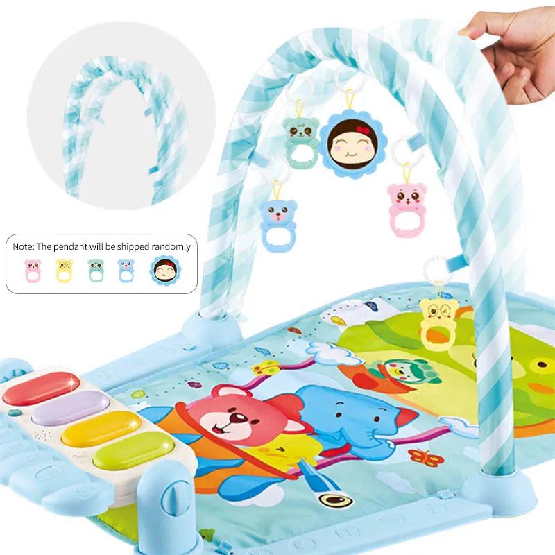 A baby gym featuring a vibrant play mat adorned with cartoon animals, complete with an arch of hanging plush toys and a small piano designed for sensory development. A hand secures the arch while close-ups showcase the delightful pendant options.