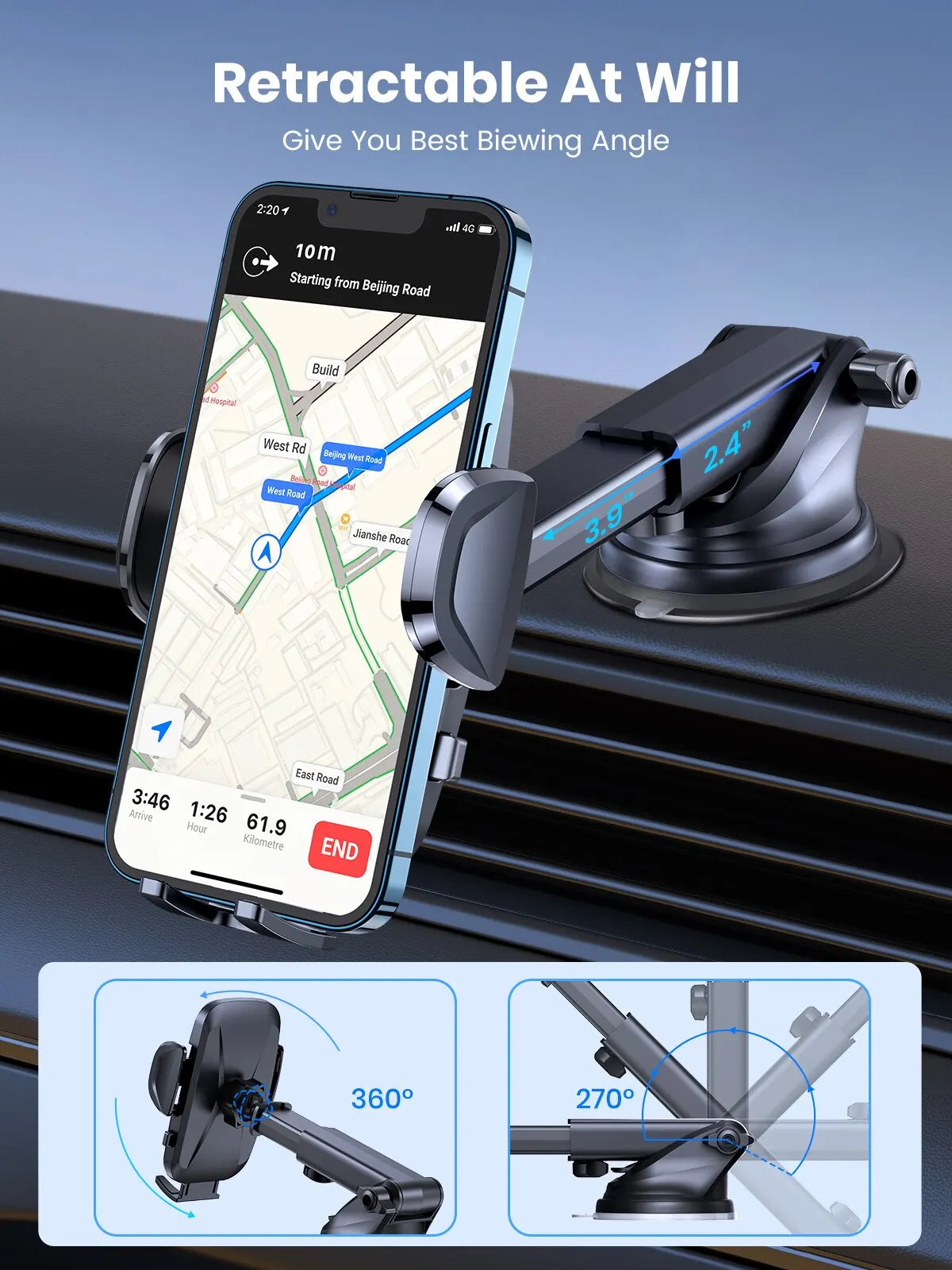 Car Phone Holder Adjustable Mount for Dashboard Stable Cradle for Mobile Phones