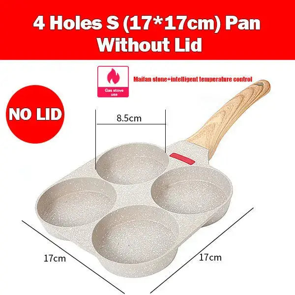 Non-stick egg frying pan with four holes, perfect for cooking eggs and breakfast dishes, size 17x17cm without lid.