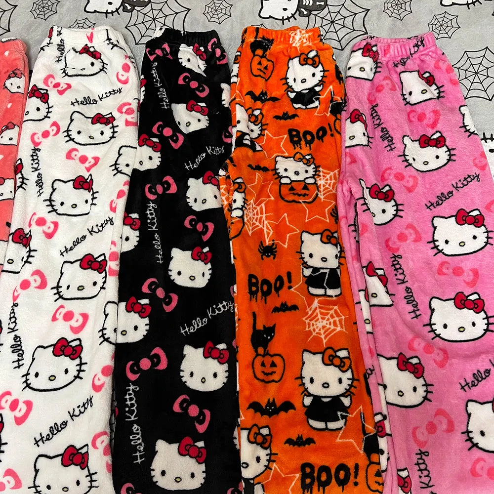Hello Kitty Pajamas Flannel Sleepwear Women Cartoon Loungewear