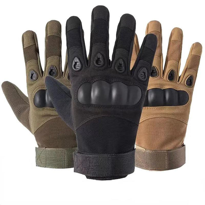 Displayed here are three pairs of Motorcycle Army Fan Gloves, available in olive green, black, and tan. These tactical cycling training gloves feature reinforced knuckles and adjustable wrist straps for a secure fit. Designed to be breathable and wear-resistant, these non-slip fitness gloves offer protection and durability for outdoor or tactical activities.