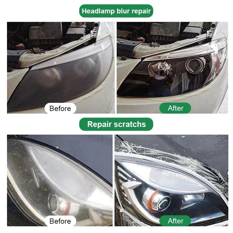 Two sets of images illustrate car headlamp repairs. In the top set, a blurred headlamp is restored to clarity using the Car Headlight Repair Fluid, while in the bottom set, a scratched headlamp is dramatically improved by the Headlight Scratch Remover, enhancing visibility in both cases.