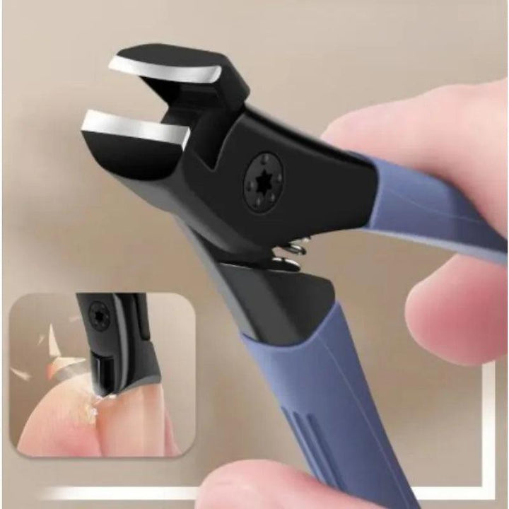 The main image displays a close-up of the Anti-Splash Nail Clippers, Precision Trimming Tool, showing off the blue handles and precision trimming blades. An inset at the bottom left illustrates its ergonomic design as it's being used on a person's fingernail.