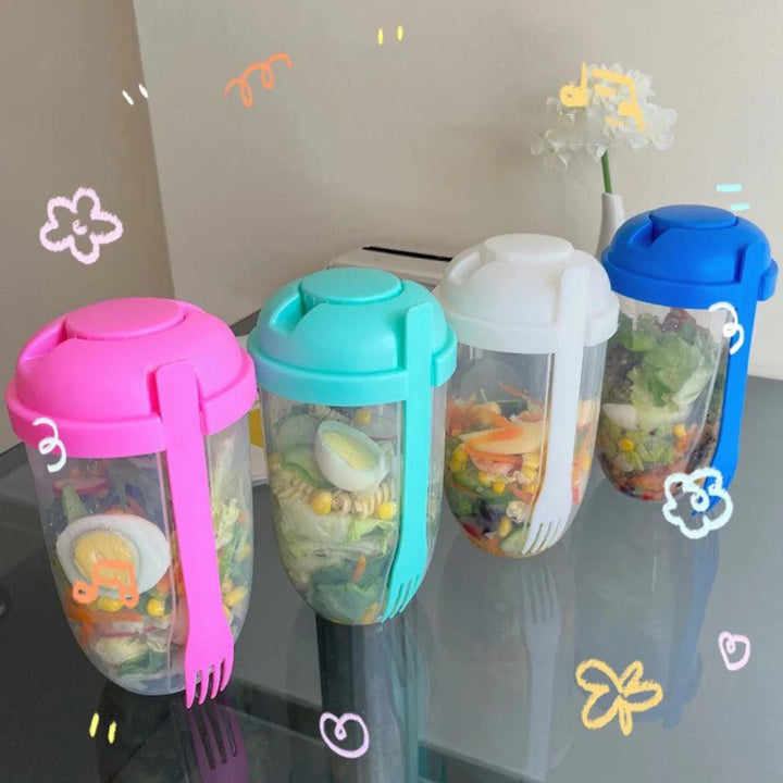 Portable Bottle Salad Cup Oatmeal Cereal Bowl with Lid Bento Box with Fork and Sauce Cup