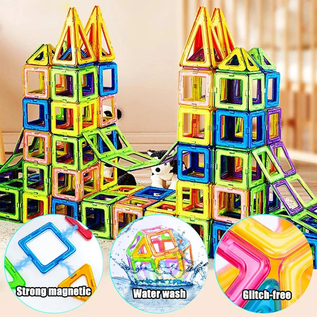 Two vibrant towers made from the Magnetic Building Blocks DIY Magnets Toys Kids Designer Construction Set are displayed, showcasing an educational mix of squares and triangles in bright colors. Below the towers, three images emphasize key features: strong magnetics, water washability, and a smooth design—ideal for creative DIY magnet fun.