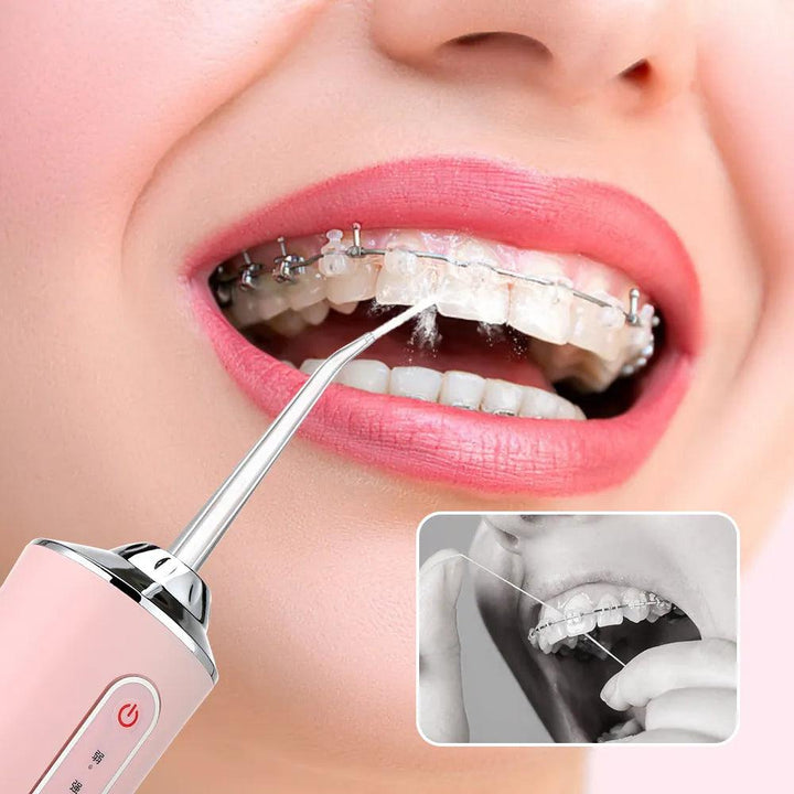 Image featuring a person using the Portable Dental Water Flosser USB Rechargeable Oral Irrigator on braces, highlighting its PULSE water jet function. An inset image shows the same person holding dental floss near their braces. The focus is on IPX7 waterproof oral hygiene tools designed for brace wearers.