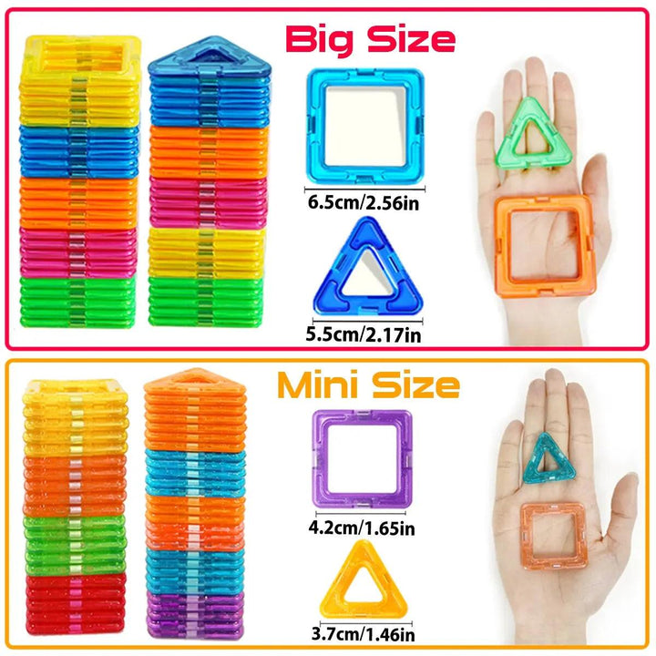 The Magnetic Building Blocks DIY Magnets Toys Kids Designer Construction Set features colorful geometric magnetic tiles in two sizes: big and mini. The big set contains squares and triangles that measure 6.5cm and 5.5cm, ideal for educational play activities. The mini set also includes squares and triangles, measuring 4.2cm and 3.7cm, perfect for creative hands-on fun with DIY magnets.