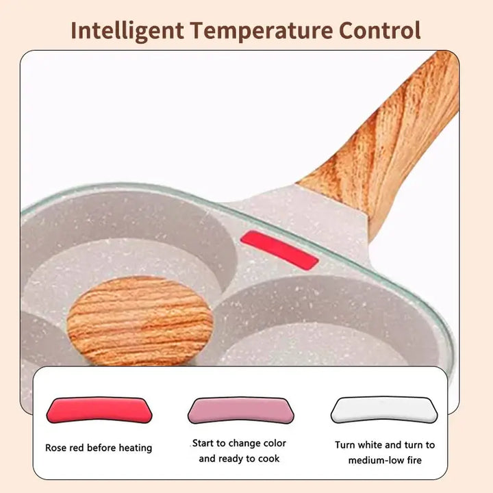 Close-up of an egg frying pan showing the intelligent temperature control indicator and four cooking holes.