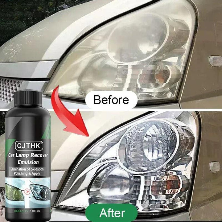 Before and after comparison of a car headlight using the Car Headlight Repair Fluid. The top image shows a foggy, oxidized headlight, while the bottom displays a clear, polished result thanks to this effective Car Headlight Restoration Kit and Headlight Scratch Remover, with an arrow indicating improvement.