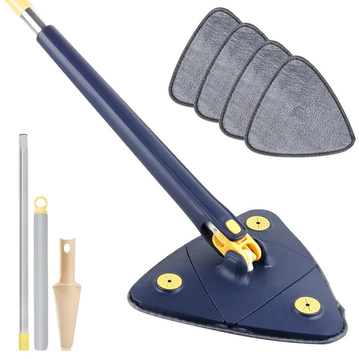 The 360° Rotatable Mop Triangular Cleaning Mop Automatic Water Squeezing Mop offers a blue and yellow design with a handle, automatic water squeezing feature, and microfiber fabric. It comes with four replacement pads, a beige cleaning brush, and an extra rod extension for versatile cleaning.