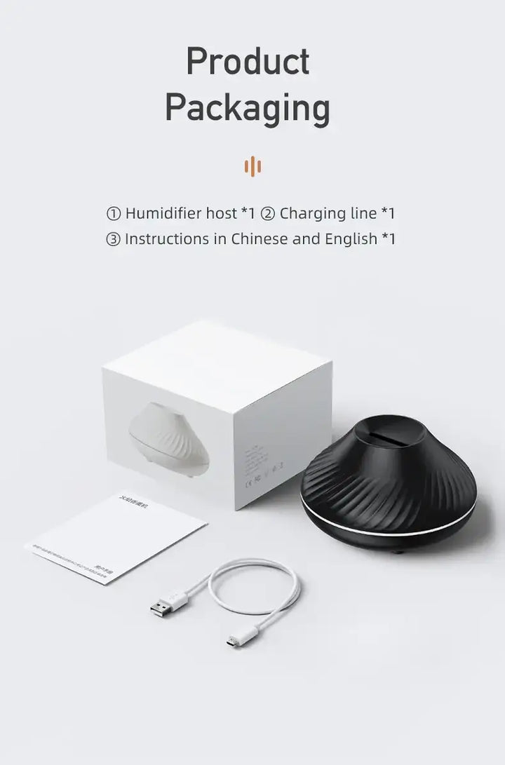 Flame Aromatherapy Humidifier packaging with charging cable and instructions.