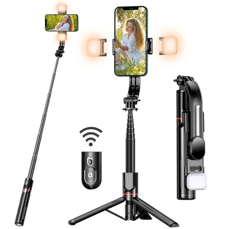 Selfie Stick with Tripod Phone Remote Fill Lights comes with an adjustable length, smartphone mount, LED lights, and a Bluetooth remote control. The design includes an extendable pole and a foldable tripod base for added stability.