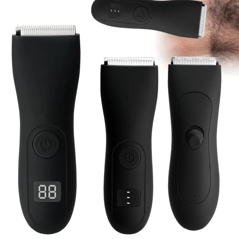 The Body Hair Trimmer Electric Body Hair Clipper Cordless Body Hair Remover is displayed in three views: front, back, and side. The front view highlights a digital screen and power button, while the back features a control switch. These versatile clippers are ideal for trimming men's body hair and various grooming needs.