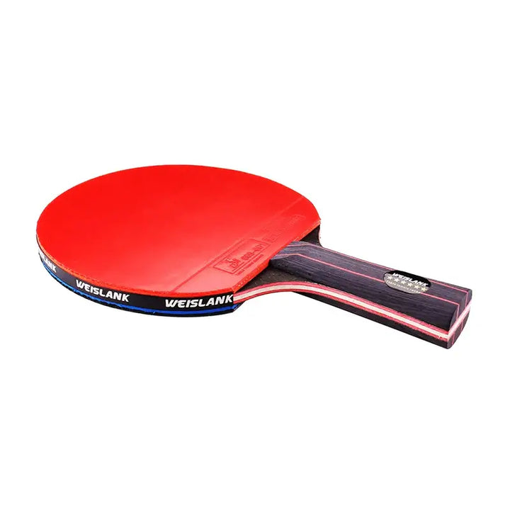 A Table Tennis Racket with a red and black design, wooden handle adorned with the "WEISLIANK" logo, and rubber pimples suitable for all-around play is displayed against a white background.