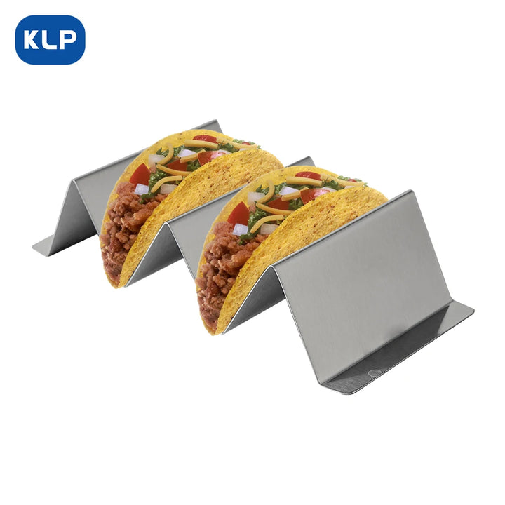 KLP stainless steel taco holder displaying tacos securely in V-shaped grooves, ideal for serving hot dogs and tacos.