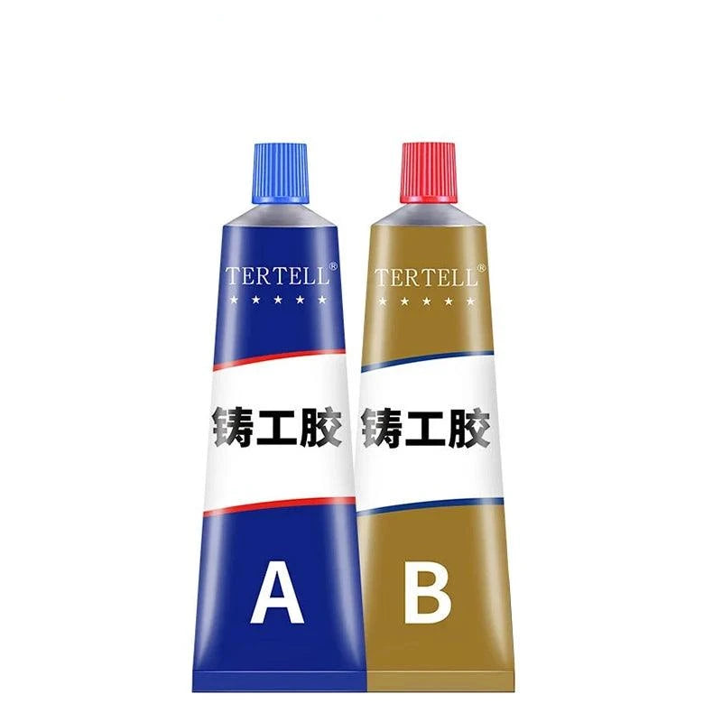 Two tubes labeled "TERTELL" are displayed against a white background. The left tube is blue with a red cap labeled "A," while the right tube is brown with a blue cap labeled "B." Both tubes, featuring Chinese characters above, contain High Temperature Metal Repair Glue suitable for repairs.