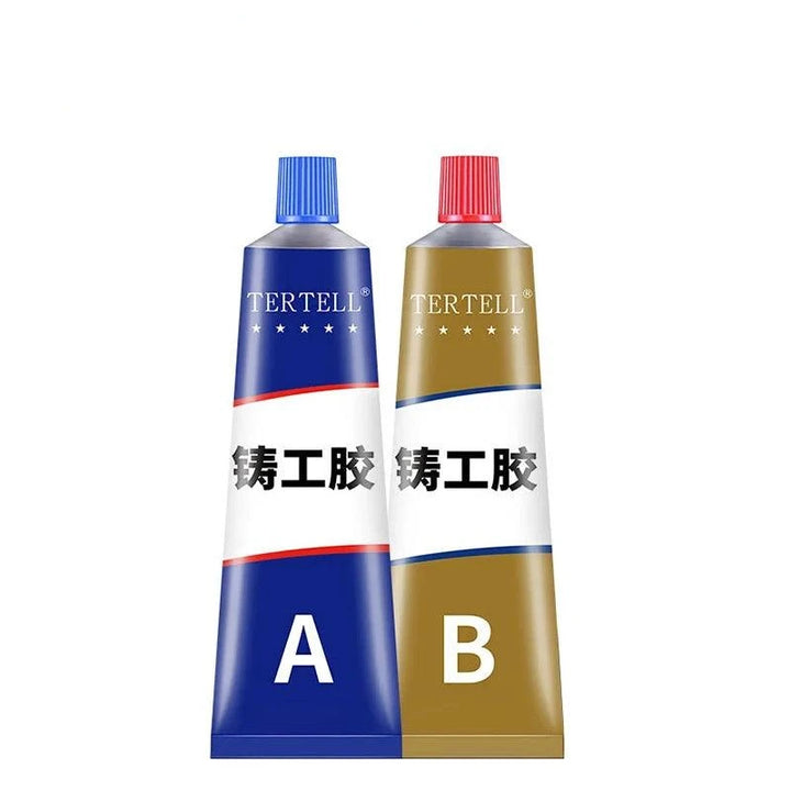 Two tubes labeled "TERTELL" are displayed against a white background. The left tube is blue with a red cap labeled "A," while the right tube is brown with a blue cap labeled "B." Both tubes, featuring Chinese characters above, contain High Temperature Metal Repair Glue suitable for repairs.