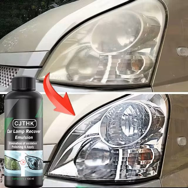 Before and after image of a car's headlight: the top shows the headlight cloudy and oxidized, while the bottom is clear and polished. A red arrow points from top to bottom. On the left sits a bottle of Car Headlight Repair Fluid, your ultimate Headlamp Assembly Cleaner.