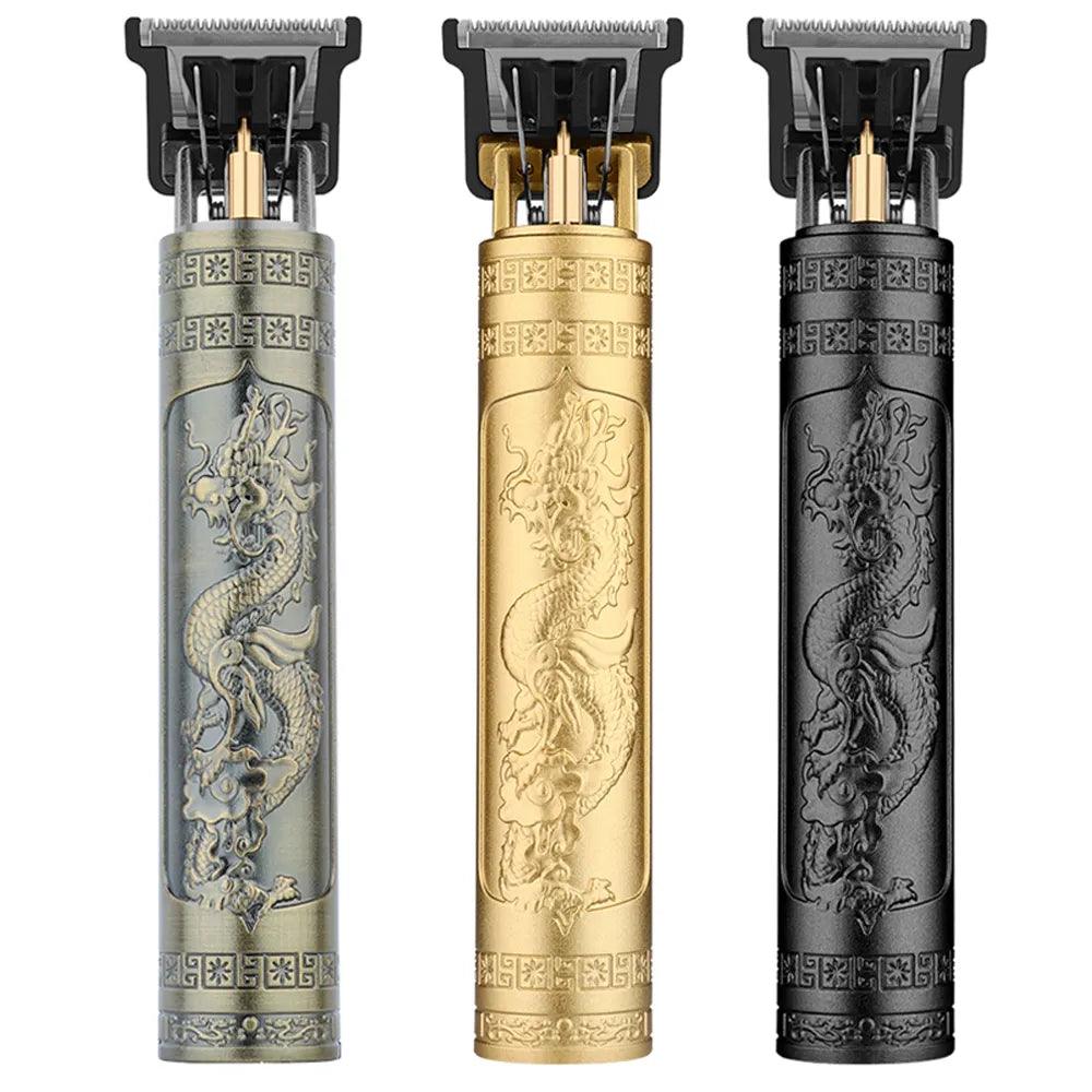 Displayed side by side are three exquisite Electric Hair Cutters, each showcasing intricate dragon designs as part of their remarkable artistry and functionality. These rechargeable Barber Trimmers shine in metallic silver, gold, and black with detailed engravings on their cylindrical handles, representing a perfect blend of style in a grooming tool.