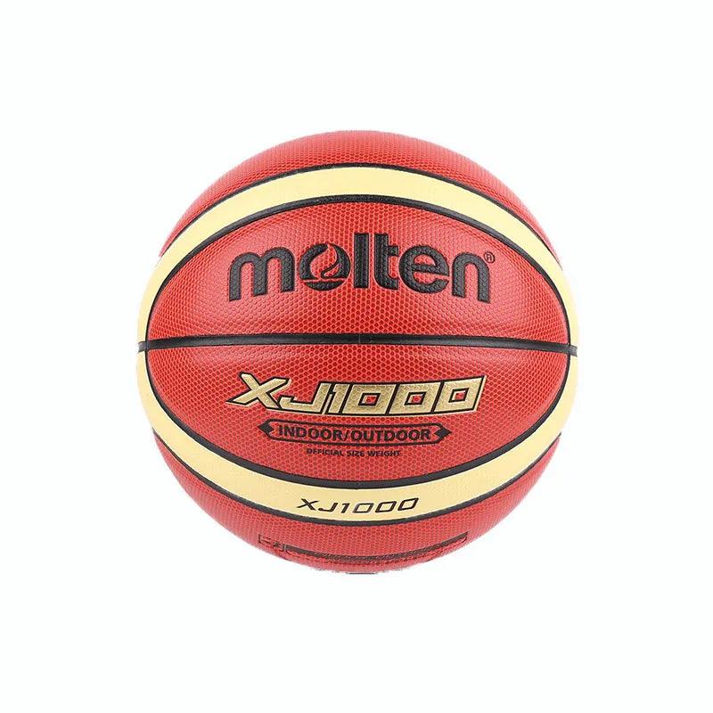 A Molten Basketball XJ1000 in official size, crafted from durable PU leather and designed for ball match training, is displayed against a plain white background.